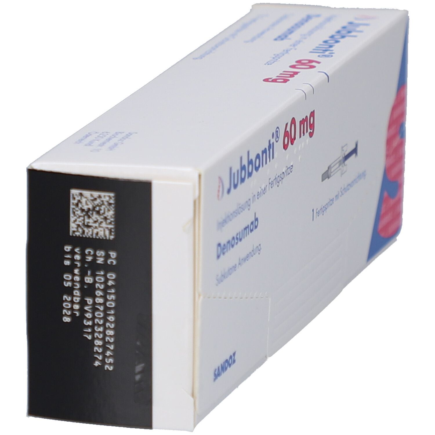 Seitenansicht der Jubbonti 60 mg Verpackung. Enthält Informationen und Barcode. Sandoz-Logo.