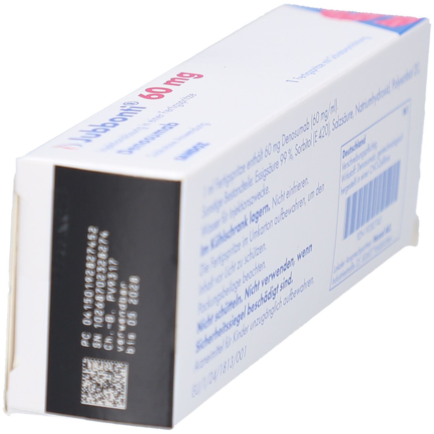 Seitenansicht der Jubbonti 60 mg Verpackung. Enthält Informationen und Barcode.