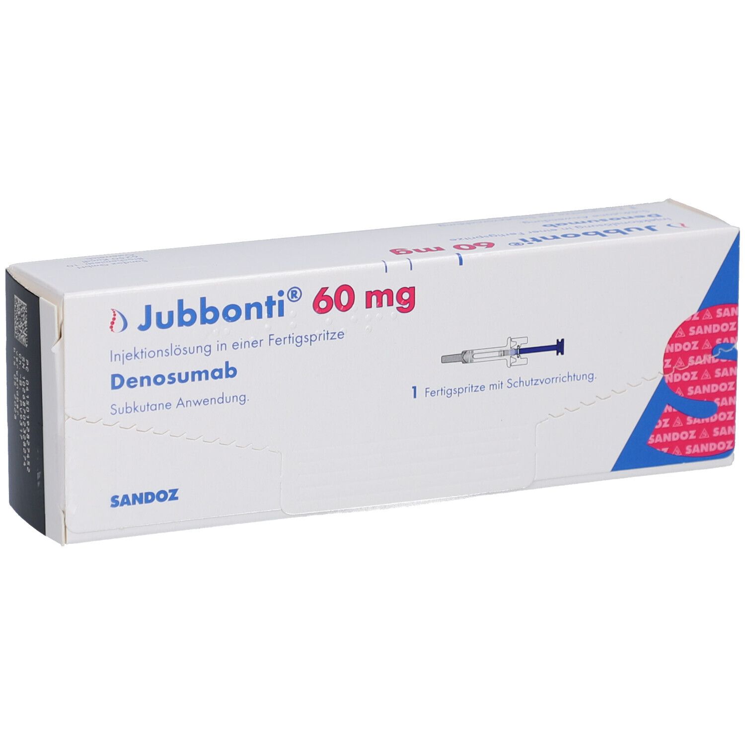 Verpackung von Jubbonti 60 mg. Fertigspritze mit Injektionslösung. Enthält Denosumab. Sandoz-Logo.