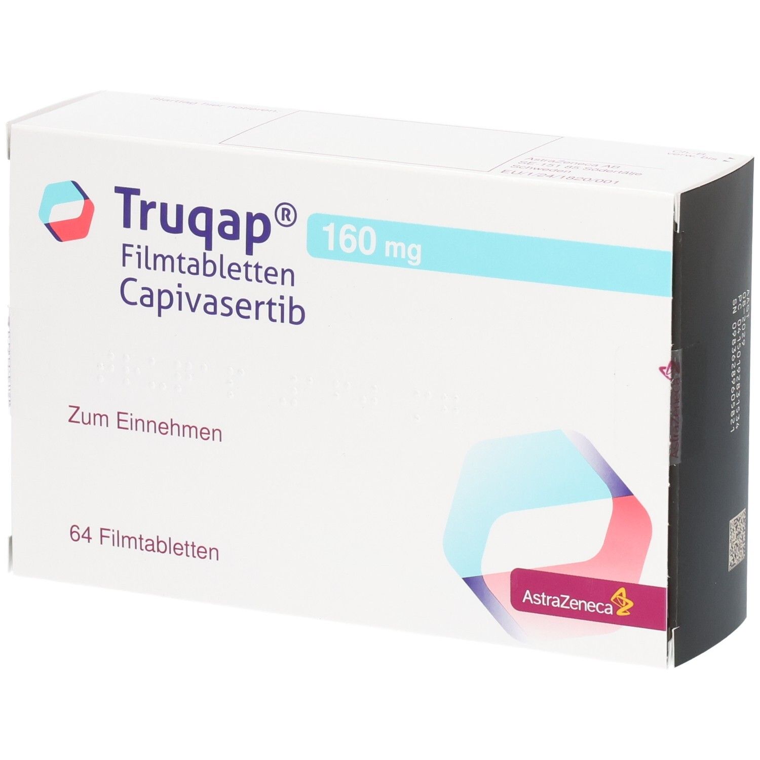 Packung Truqap 160 mg Filmtabletten mit 64 Stück. Enthält Capivasertib.