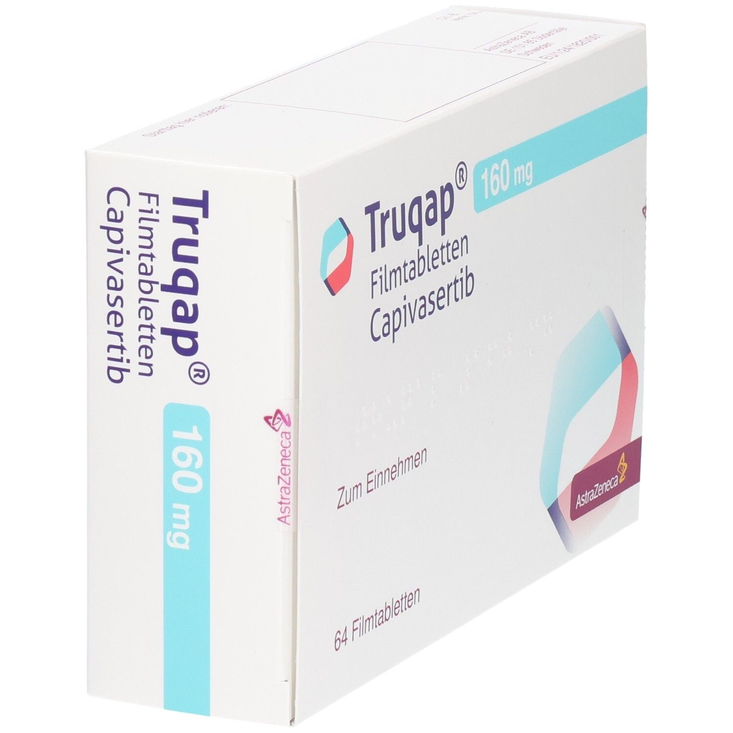 Packung Truqap 160 mg Filmtabletten mit 64 Stück. Enthält Capivasertib.