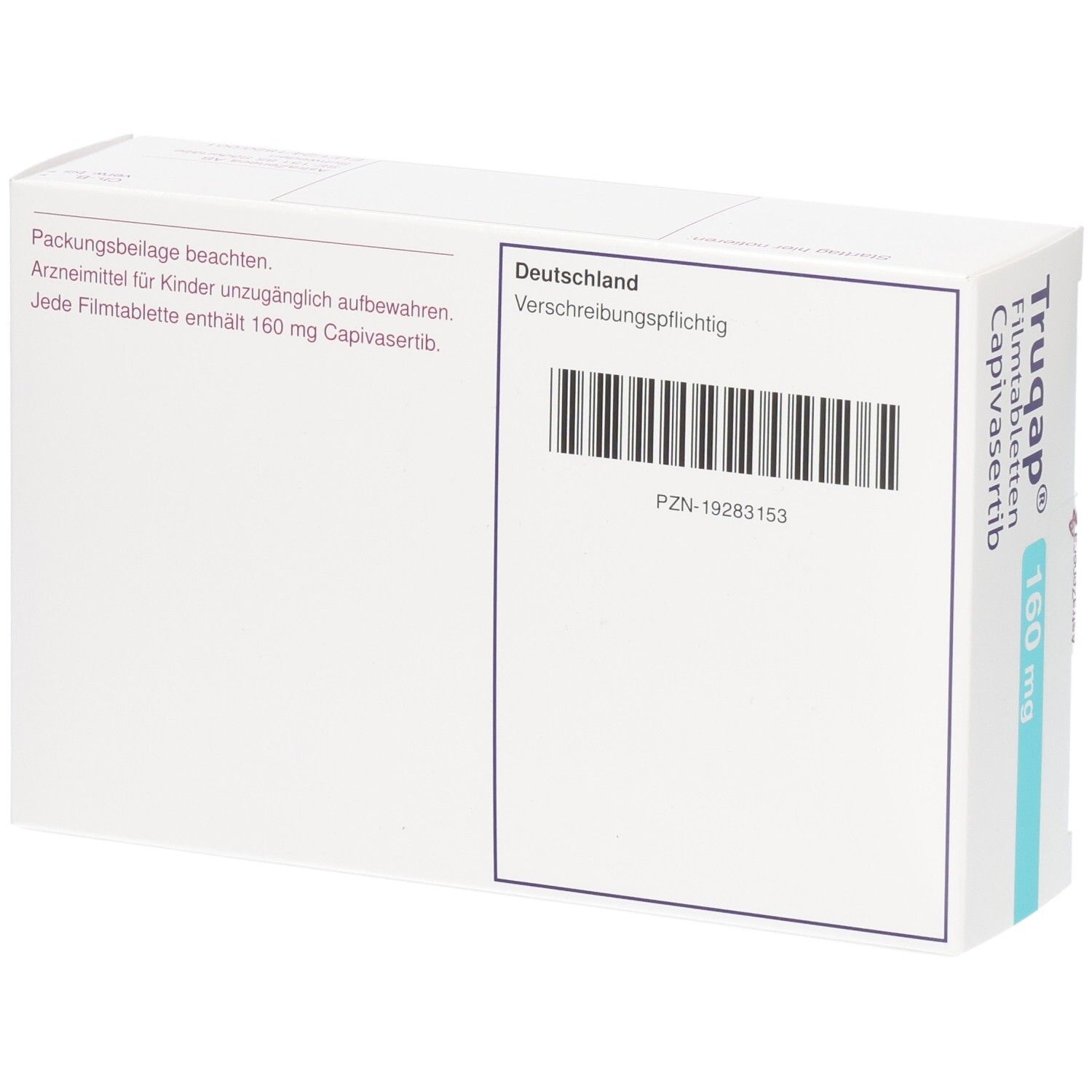 Rückseite der Packung Truqap 160 mg Filmtabletten. Enthält PZN und Barcode.