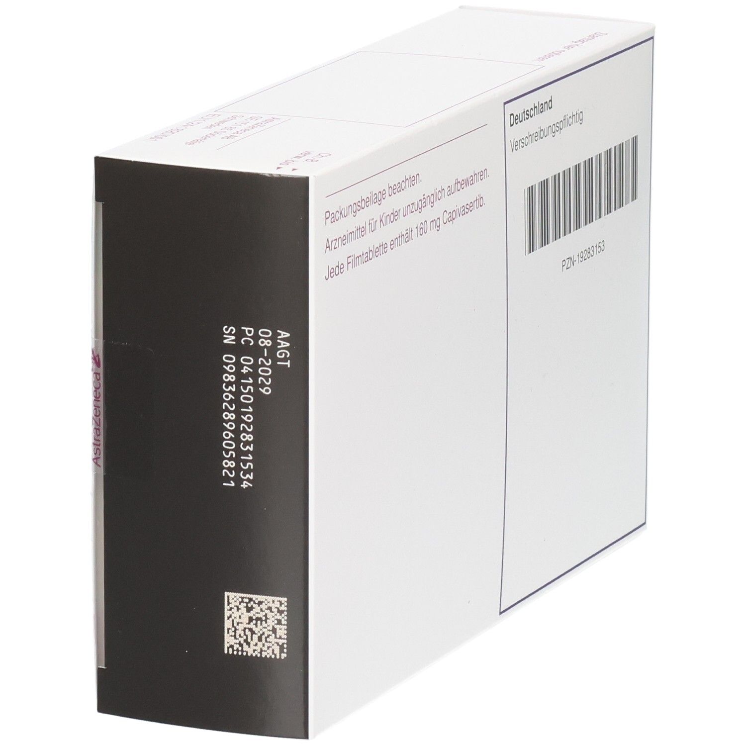 Seitenansicht der Packung Truqap 160 mg Filmtabletten. Enthält Chargennummer und Verfallsdatum.