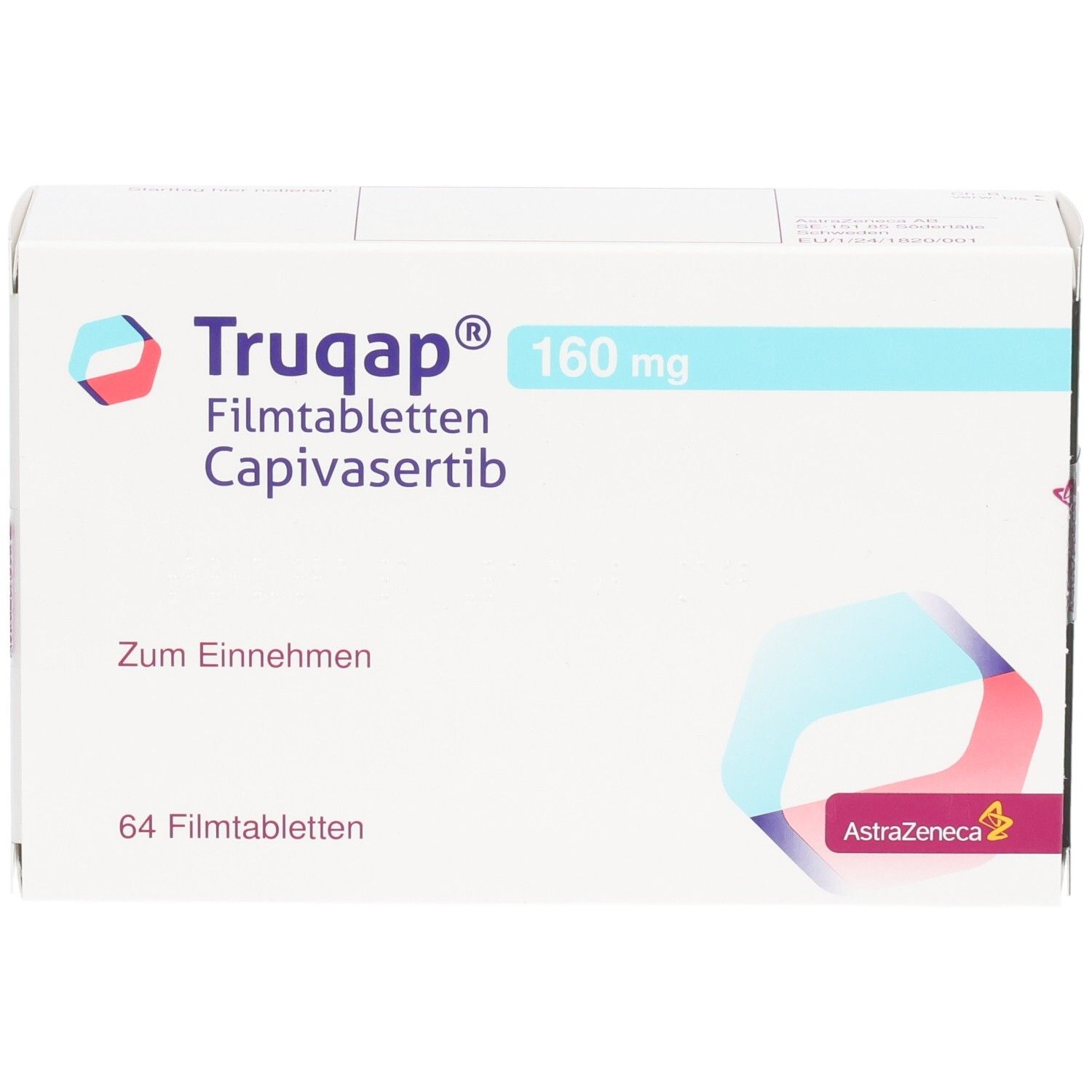 Packung Truqap 160 mg Filmtabletten mit 64 Stück. Enthält Capivasertib.