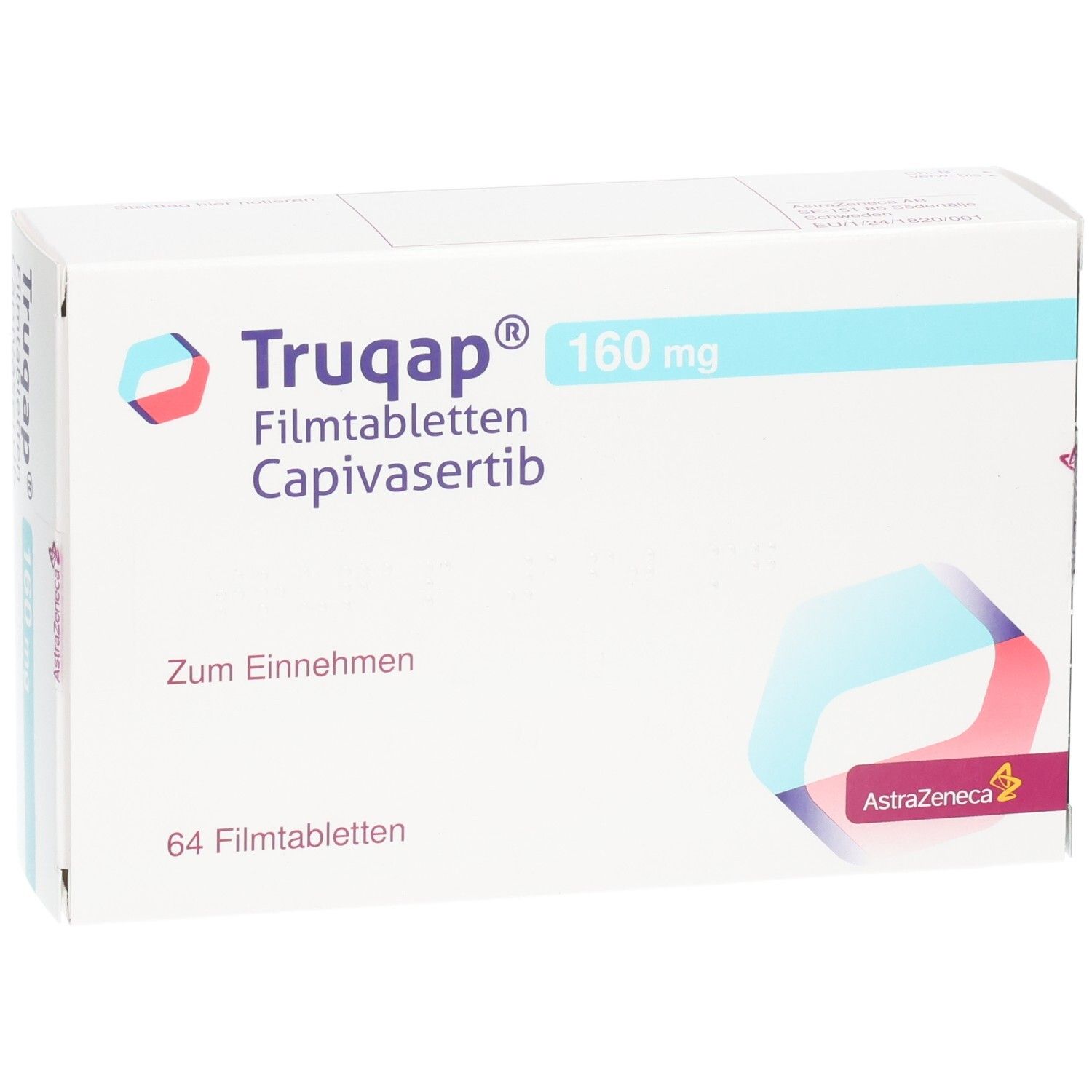 Packung Truqap 160 mg Filmtabletten mit 64 Stück. Enthält Capivasertib.