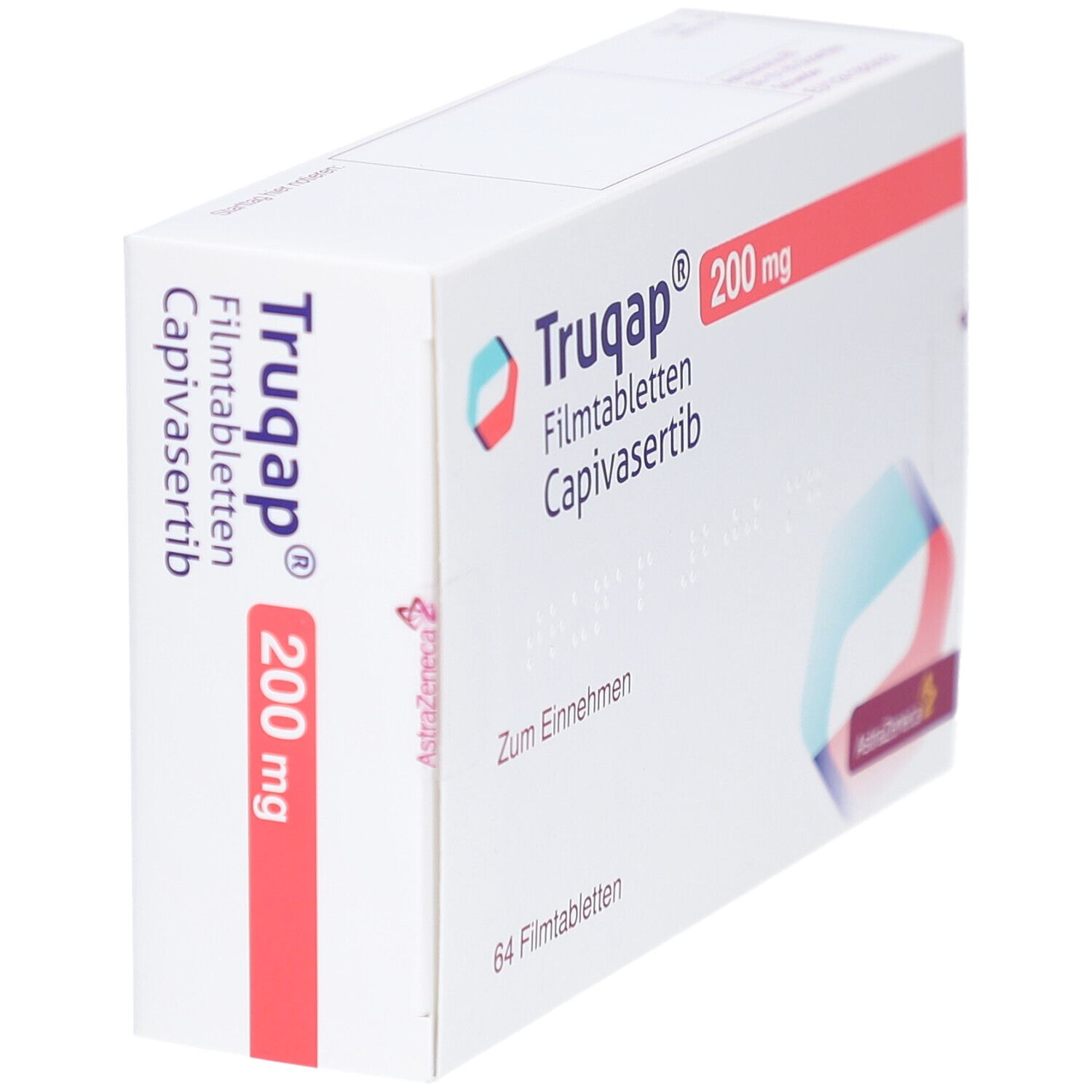 Weiße Schachtel mit rotem Streifen. Aufschrift: Truqap 200 mg Filmtabletten Capivasertib. 64 Filmtabletten. AstraZeneca Logo.