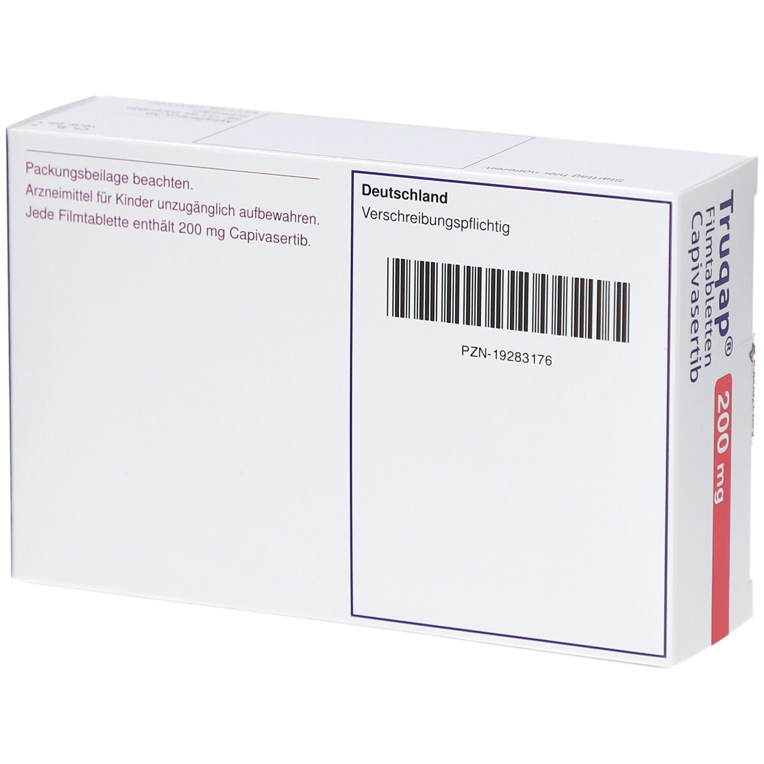 Rückseite der weißen Schachtel. Text: Deutschland, verschreibungspflichtig. Barcode und PZN-19283176. Text: Packungsbeilage beachten.