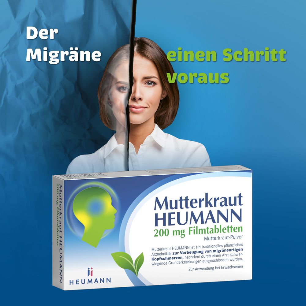 Werbebild mit Frau und Produkt. Mutterkraut HEUMANN 200 mg Filmtabletten, Verpackung sichtbar.