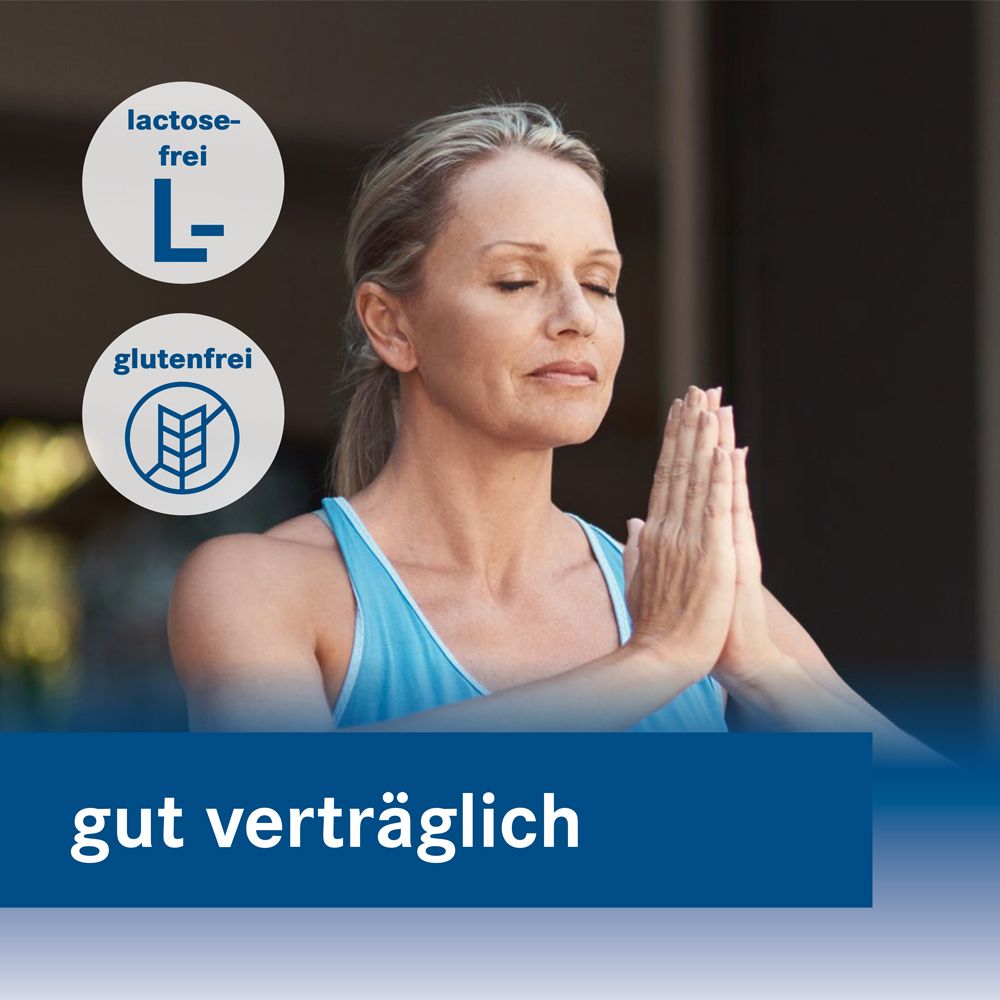 Frau in Yoga-Pose. Text: gut verträglich. Laktosefrei und glutenfrei. Weiße Kreise mit Symbolen.