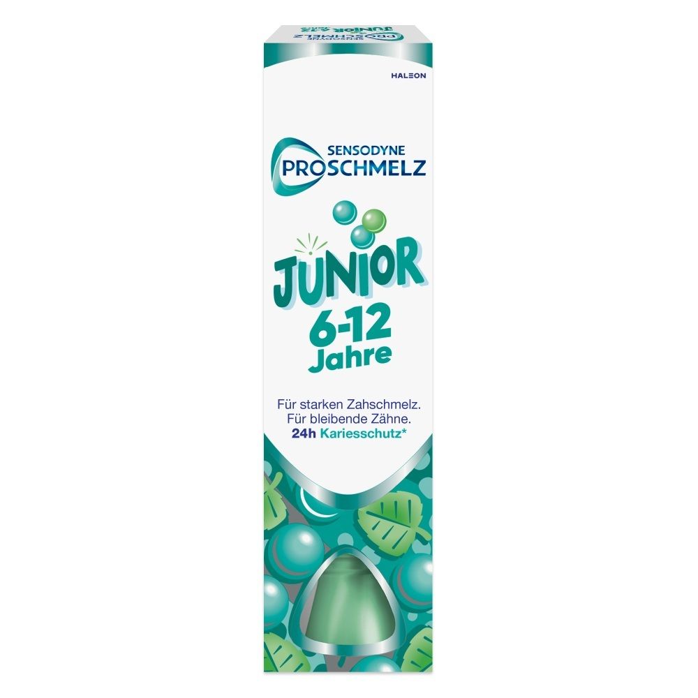 Sensodyne Proschmelz Junior Zahnpasta-Verpackung für Kinder von 6-12 Jahren.