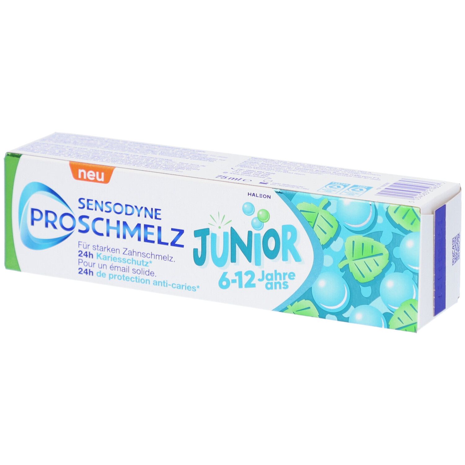 Zahnpasta-Verpackung. Sensodyne ProSchmelz Junior, 6-12 Jahre. Grün, weiß und blau. Mit Schriftzügen und Illustrationen.