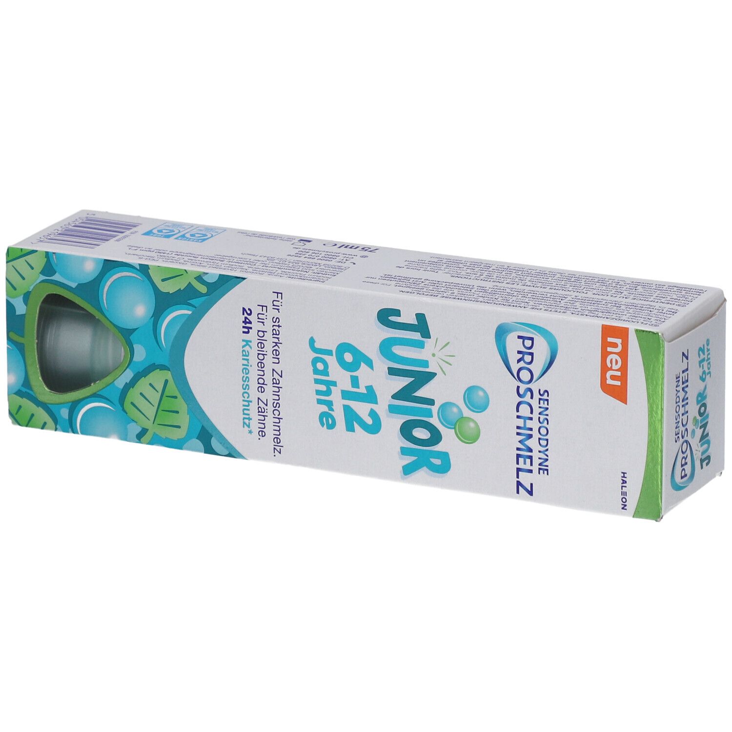 Zahnpasta-Verpackung. Sensodyne ProSchmelz Junior, 6-12 Jahre. Grün, weiß und blau. Mit Schriftzügen und Illustrationen.