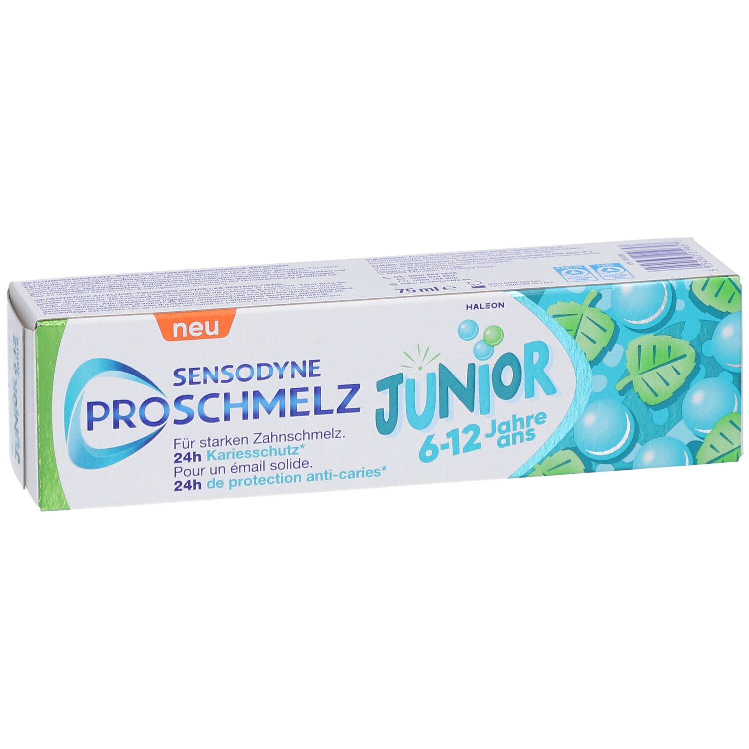 Zahnpasta-Verpackung. Sensodyne ProSchmelz Junior, 6-12 Jahre. Grün, weiß und blau. Mit Schriftzügen und Illustrationen.