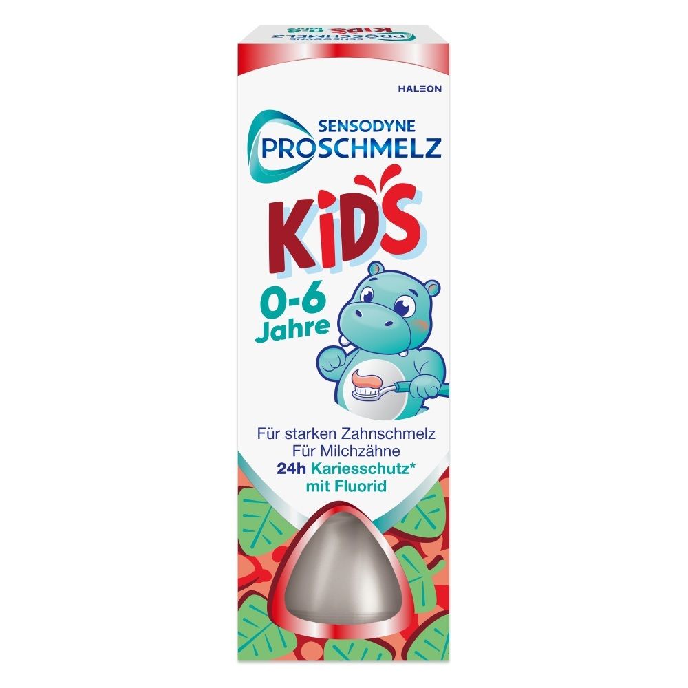 Sensodyne ProSchmelz Kids Zahnpasta-Verpackung für Kinder von 0-6 Jahren mit Fluorid.