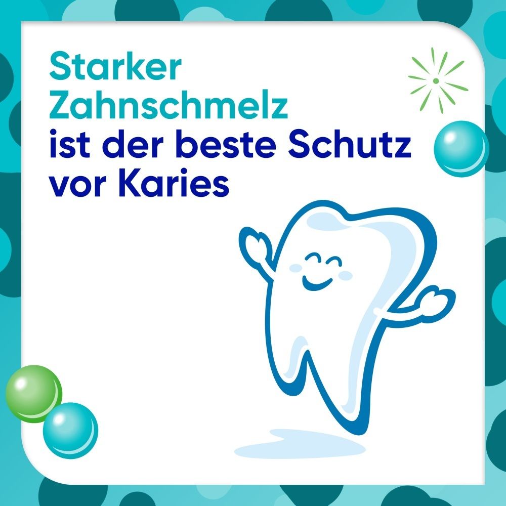 Zahn mit starkem Zahnschmelz, der vor Karies schützt. Fröhlicher Zahn springt.