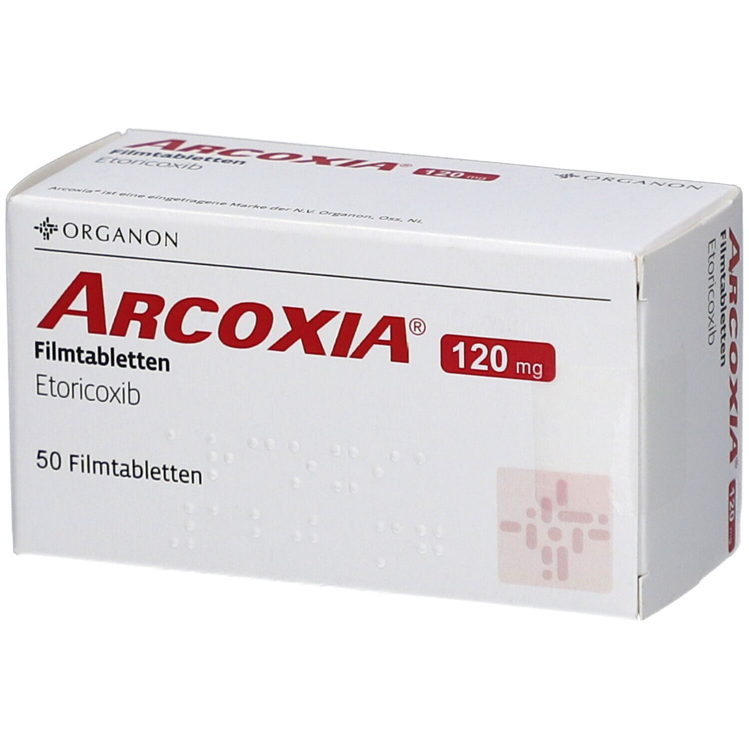 Weiße Arzneimittelverpackung. Aufschrift: ARCOXIA 120 mg Filmtabletten, 50 Filmtabletten. Logo: Organon.