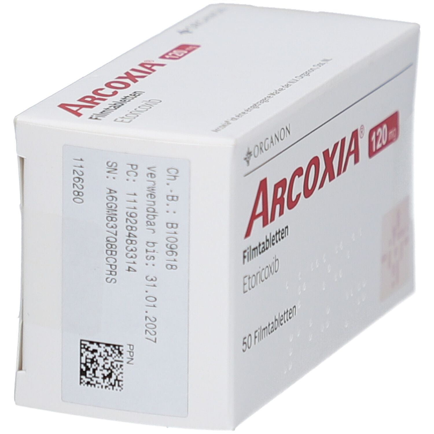 Schräg gestellte Arzneimittelverpackung. Aufschrift: ARCOXIA 120 mg Filmtabletten. Angaben zur Haltbarkeit und Chargennummer.