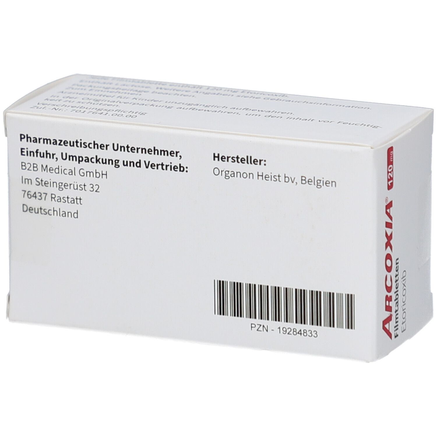 Rückseite der Arzneimittelverpackung. Angaben zum pharmazeutischen Unternehmen und Hersteller. Barcode.