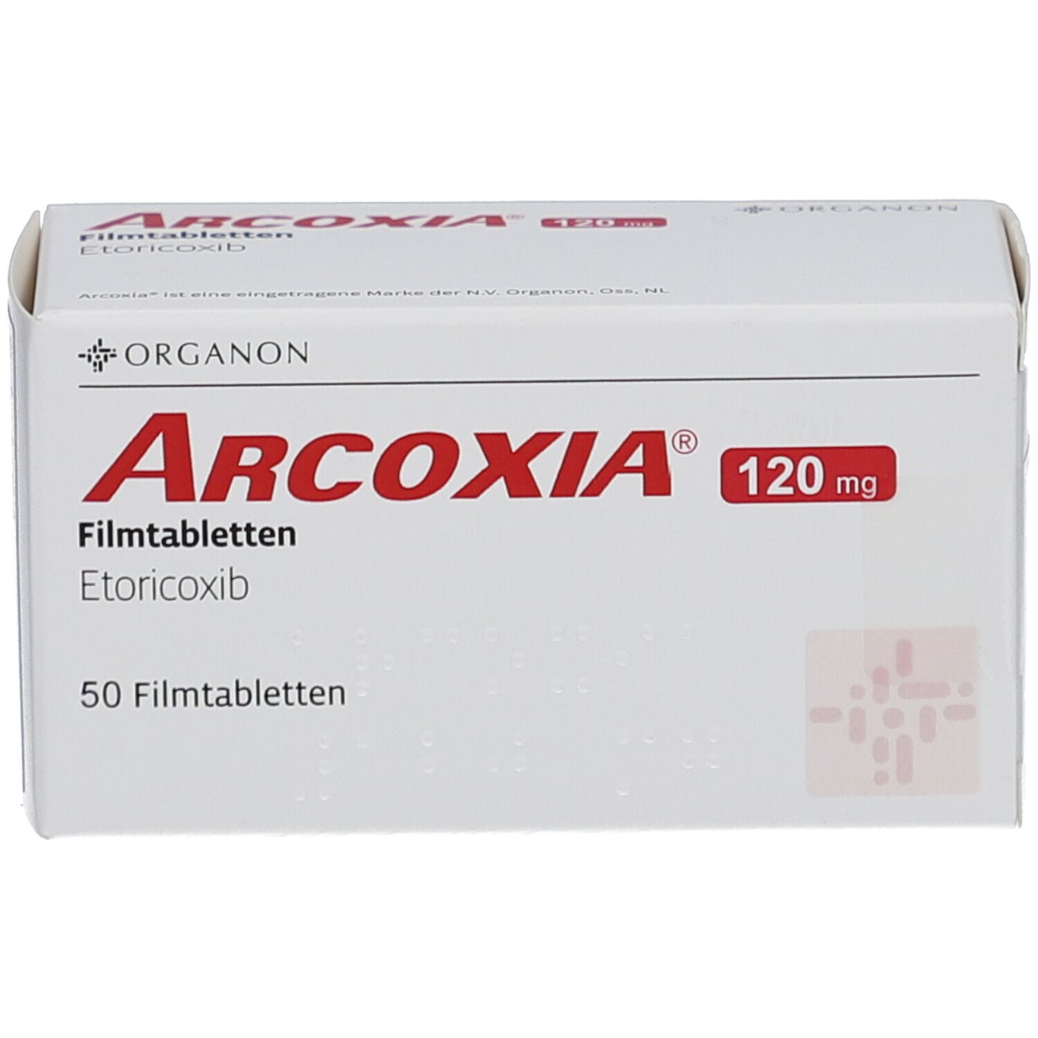 Weiße Arzneimittelverpackung. Aufschrift: ARCOXIA 120 mg Filmtabletten, 50 Filmtabletten. Logo: Organon.