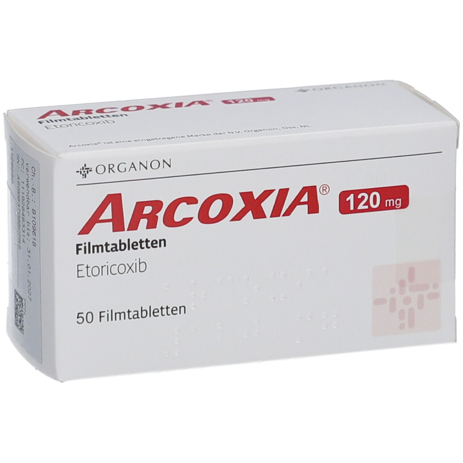 Weiße Arzneimittelverpackung. Aufschrift: ARCOXIA 120 mg Filmtabletten, 50 Filmtabletten. Logo: Organon.