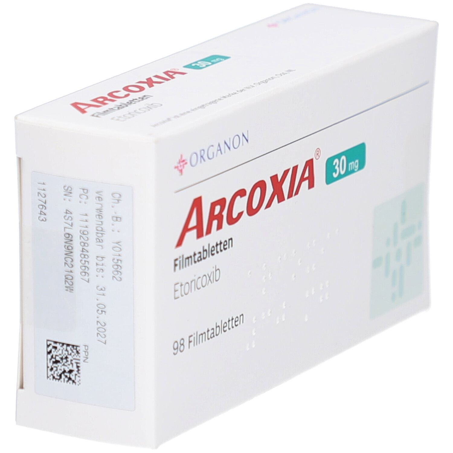 Weiße Schachtel ARCOXIA 30 mg Filmtabletten. Roter Schriftzug ARCOXIA, grüne 30 mg Angabe. 98 Filmtabletten. Organon Logo. Detailansicht.