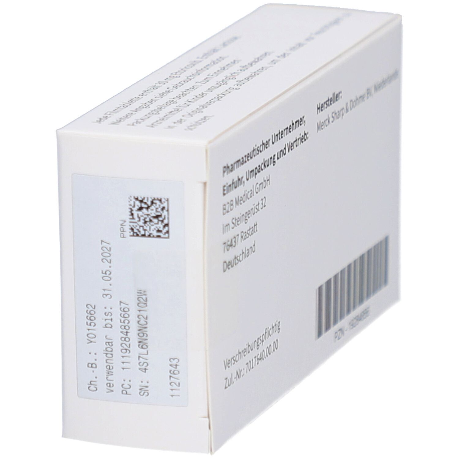 Weiße Schachtel ARCOXIA, Detailansicht der Rückseite. Hersteller- und Vertriebsinformationen. PZN-Nummer. Barcode.