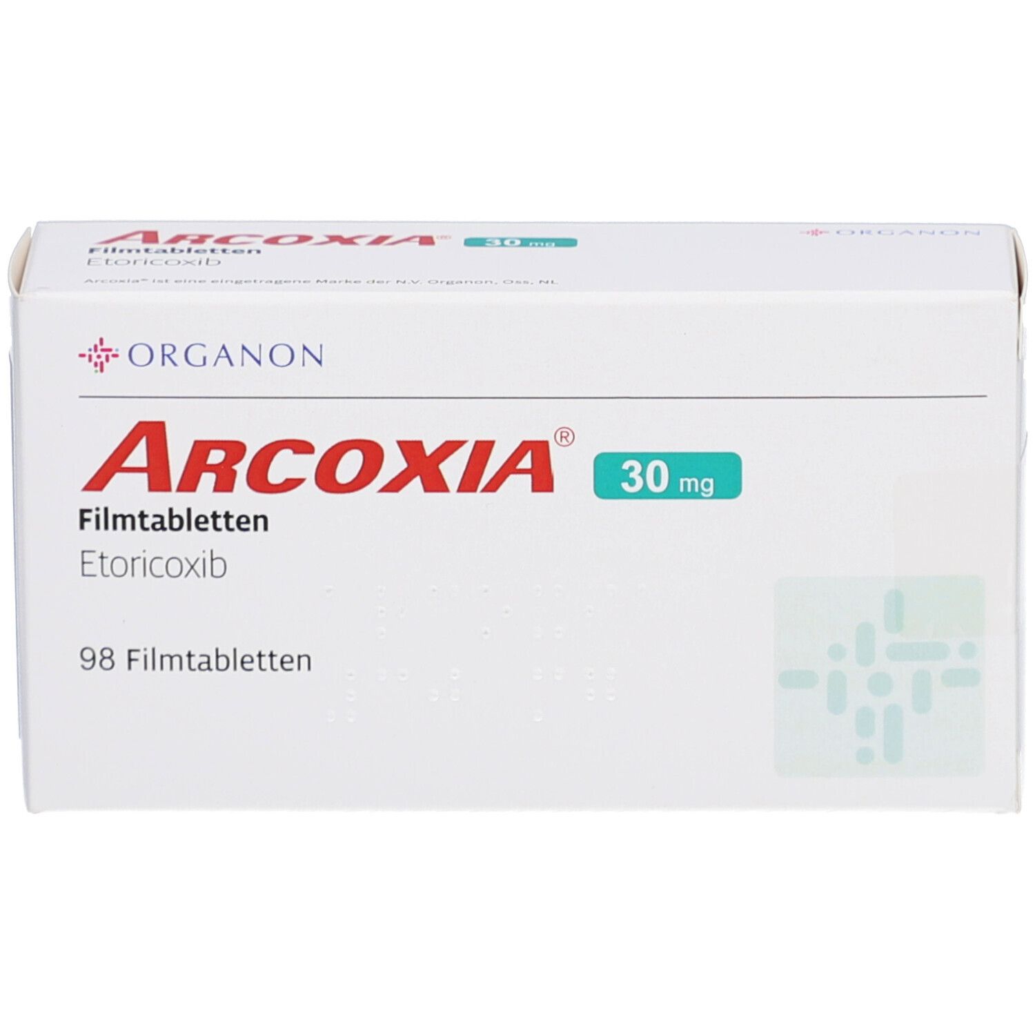 Weiße Schachtel ARCOXIA 30 mg Filmtabletten. Roter Schriftzug ARCOXIA, grüne 30 mg Angabe. 98 Filmtabletten. Organon Logo.
