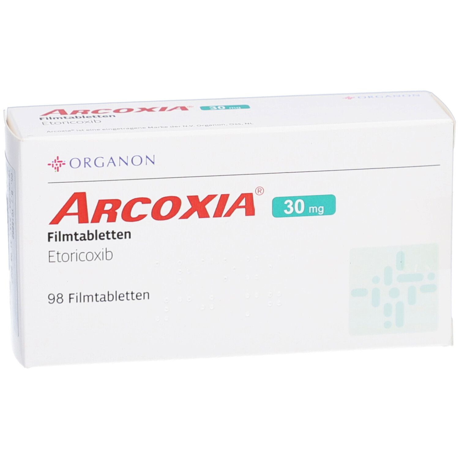 Weiße Schachtel ARCOXIA 30 mg Filmtabletten. Roter Schriftzug ARCOXIA, grüne 30 mg Angabe. 98 Filmtabletten. Organon Logo.