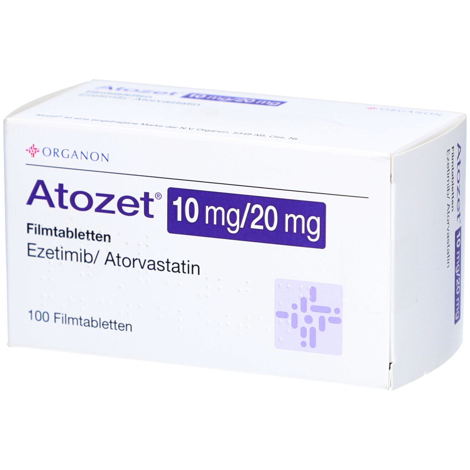 Schachtel ATOZET 10 mg/20 mg Filmtabletten. Aufschrift: Ezetimib/Atorvastatin, 100 Filmtabletten. Marke: Organon.
