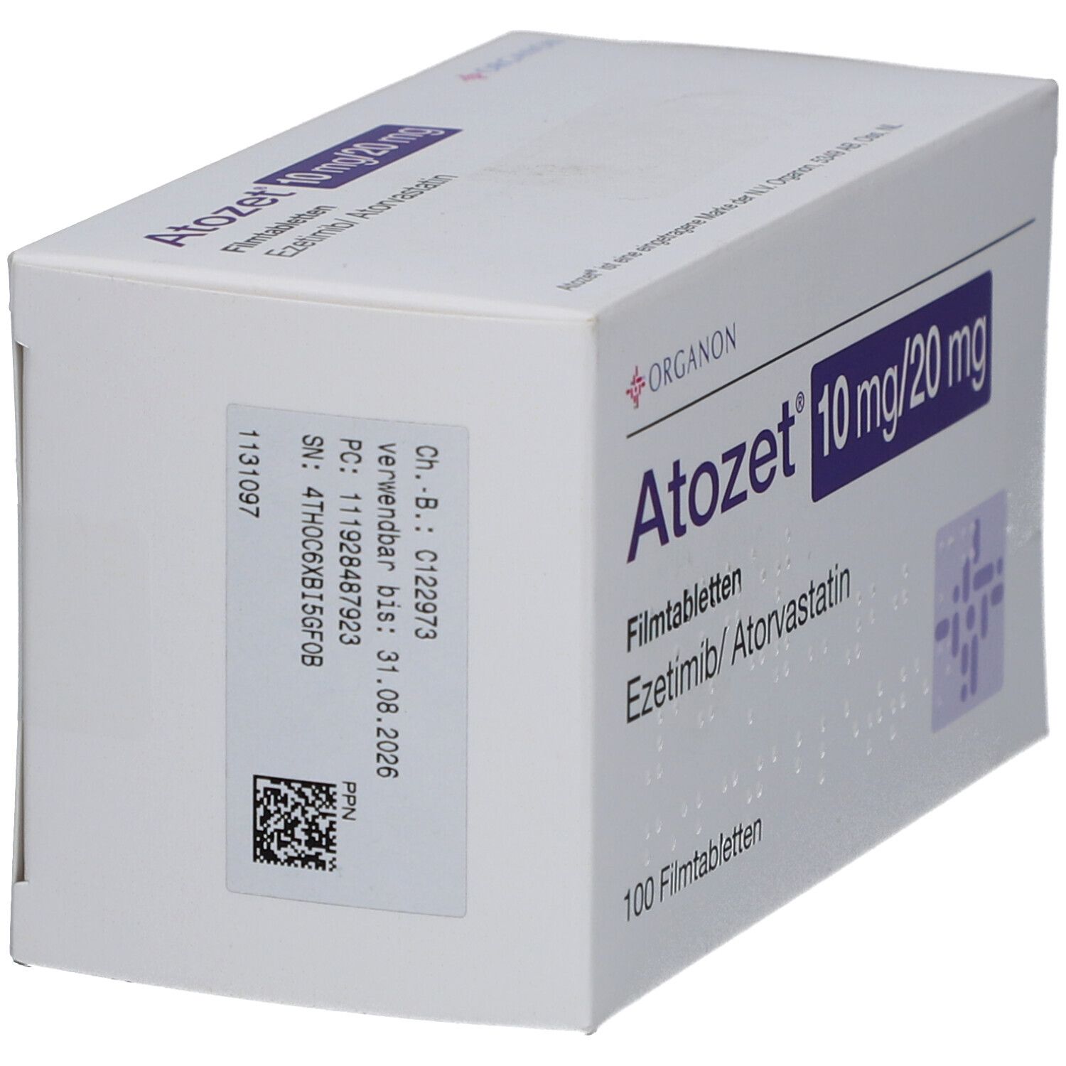 Schachtel ATOZET 10 mg/20 mg Filmtabletten. Aufkleber mit Chargennummer, Verfallsdatum und Barcode. Marke: Organon.