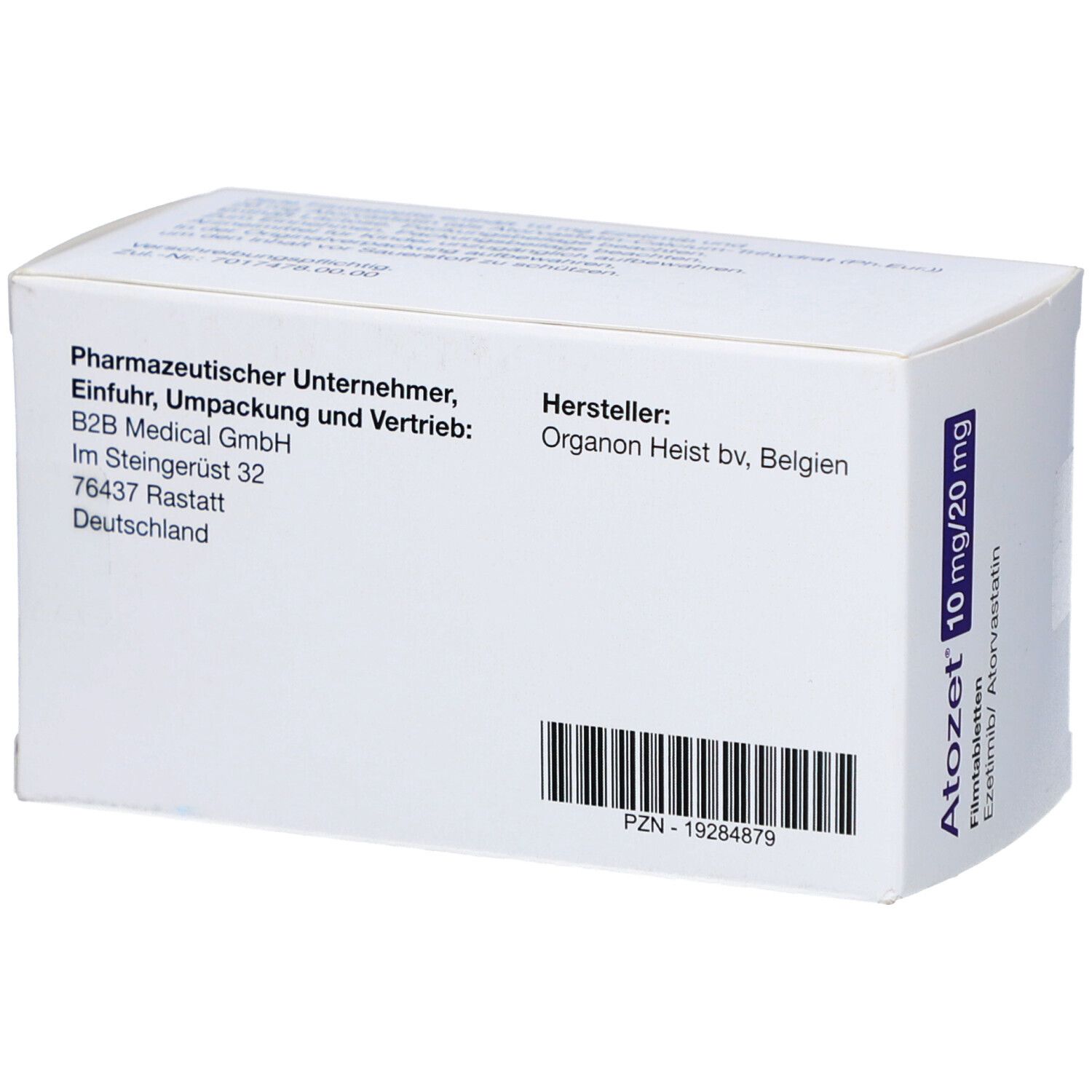 Rückseite der Schachtel ATOZET 10 mg/20 mg Filmtabletten. Herstellerinformationen und PZN-Nummer. Marke: Organon.