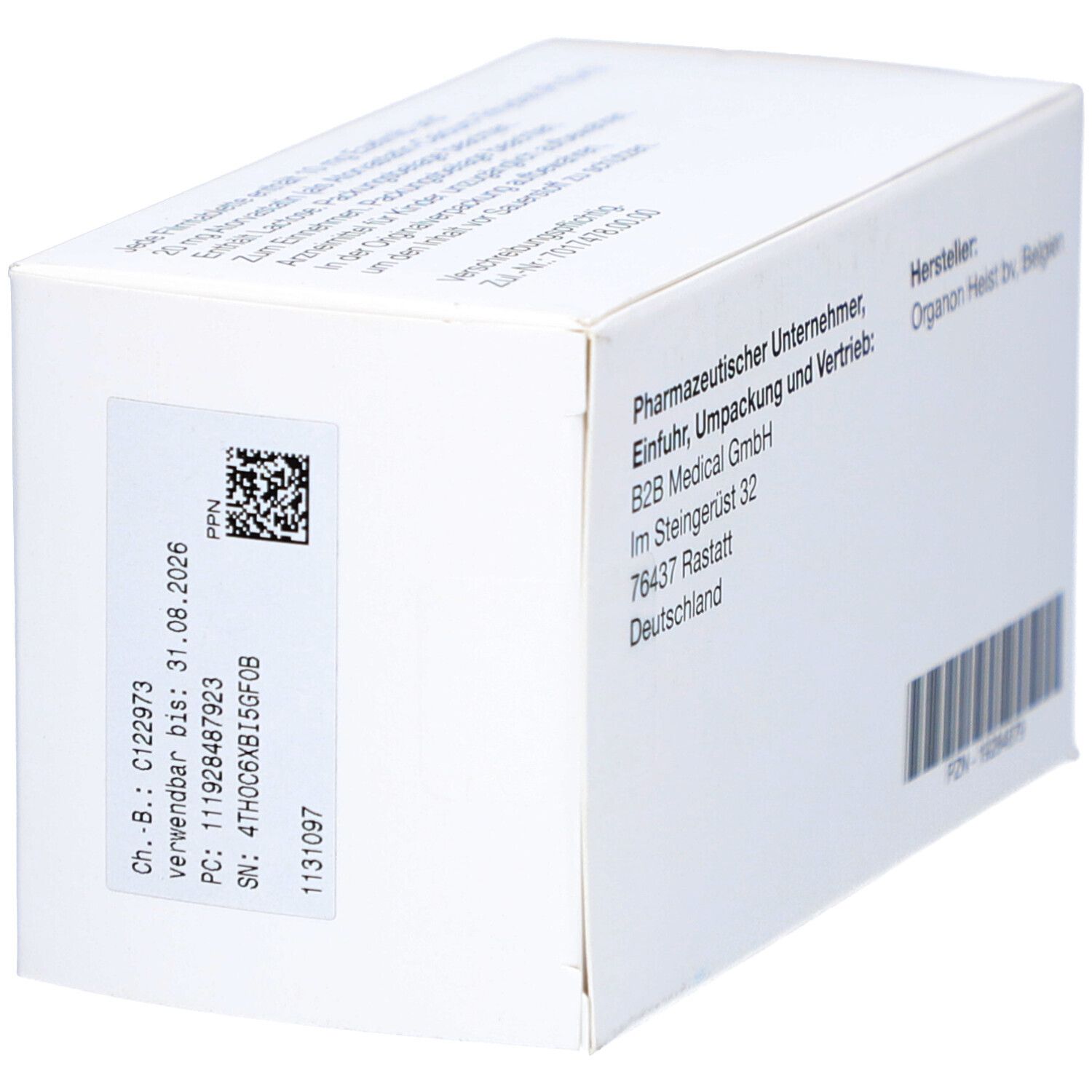 Rückseite der Schachtel ATOZET 10 mg/20 mg Filmtabletten. Herstellerinformationen, Barcode und Aufkleber. Marke: Organon.