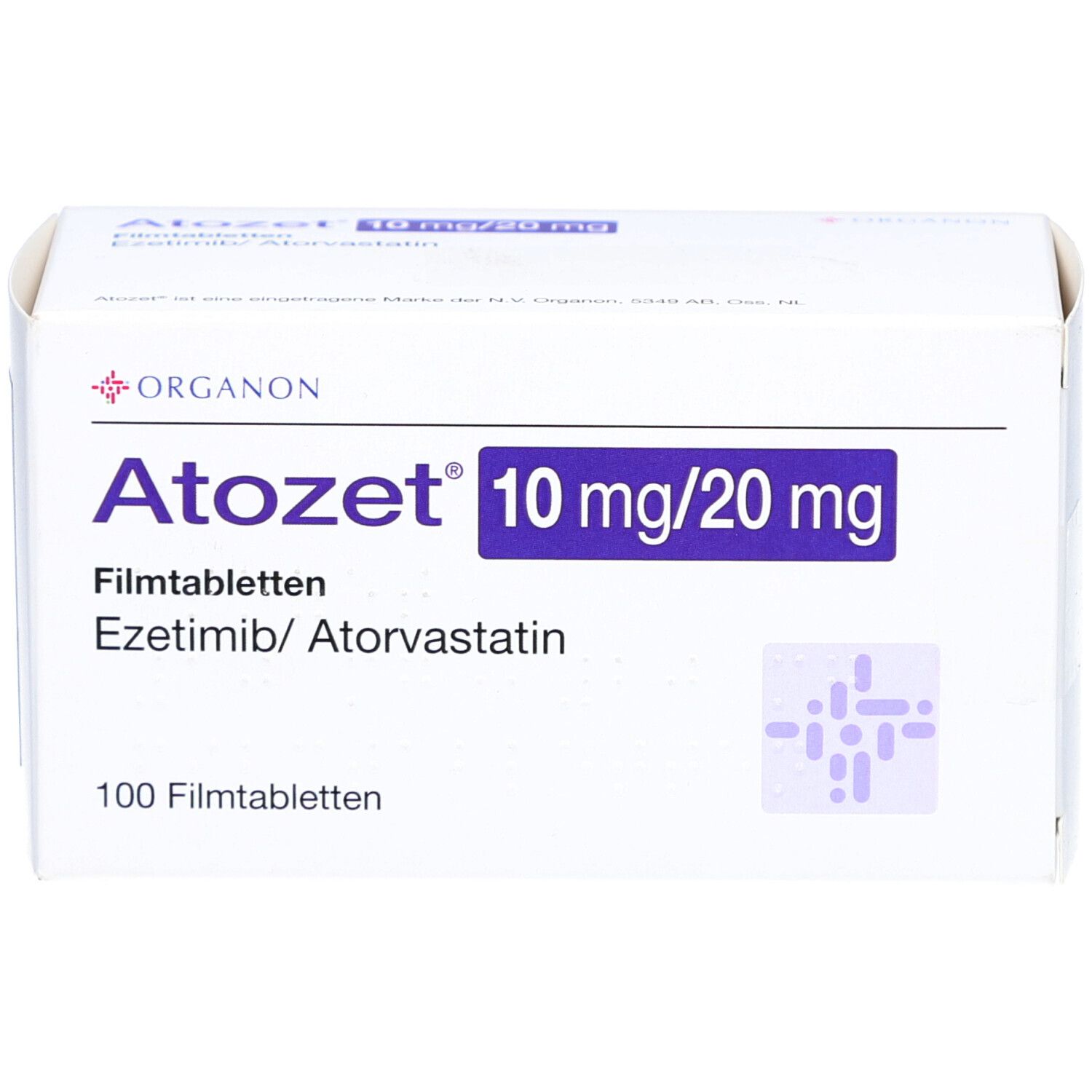 Geöffnete Schachtel ATOZET 10 mg/20 mg Filmtabletten. Aufschrift: Ezetimib/Atorvastatin, 100 Filmtabletten. Marke: Organon.