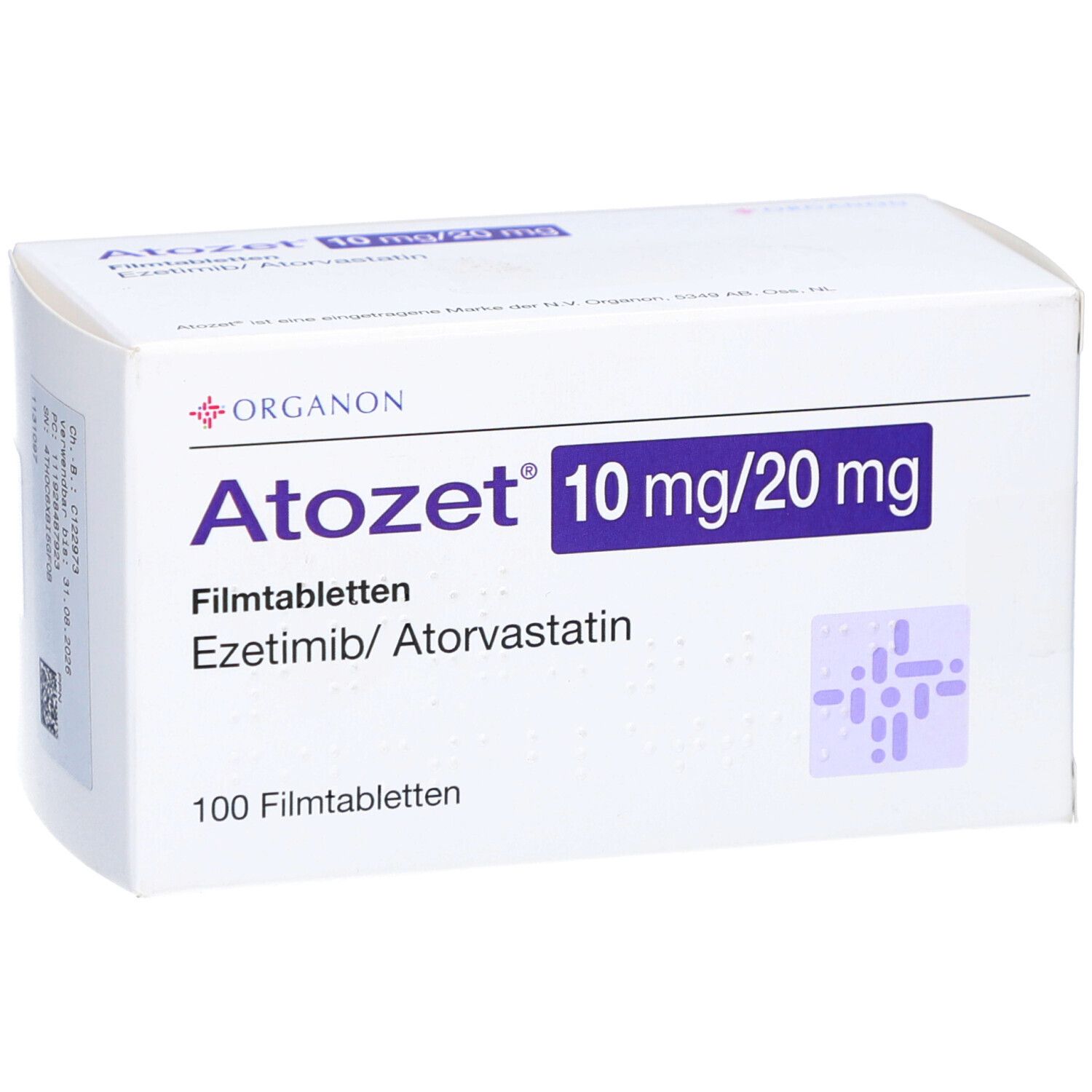 Geöffnete Schachtel ATOZET 10 mg/20 mg Filmtabletten. Aufschrift: Ezetimib/Atorvastatin, 100 Filmtabletten. Marke: Organon.