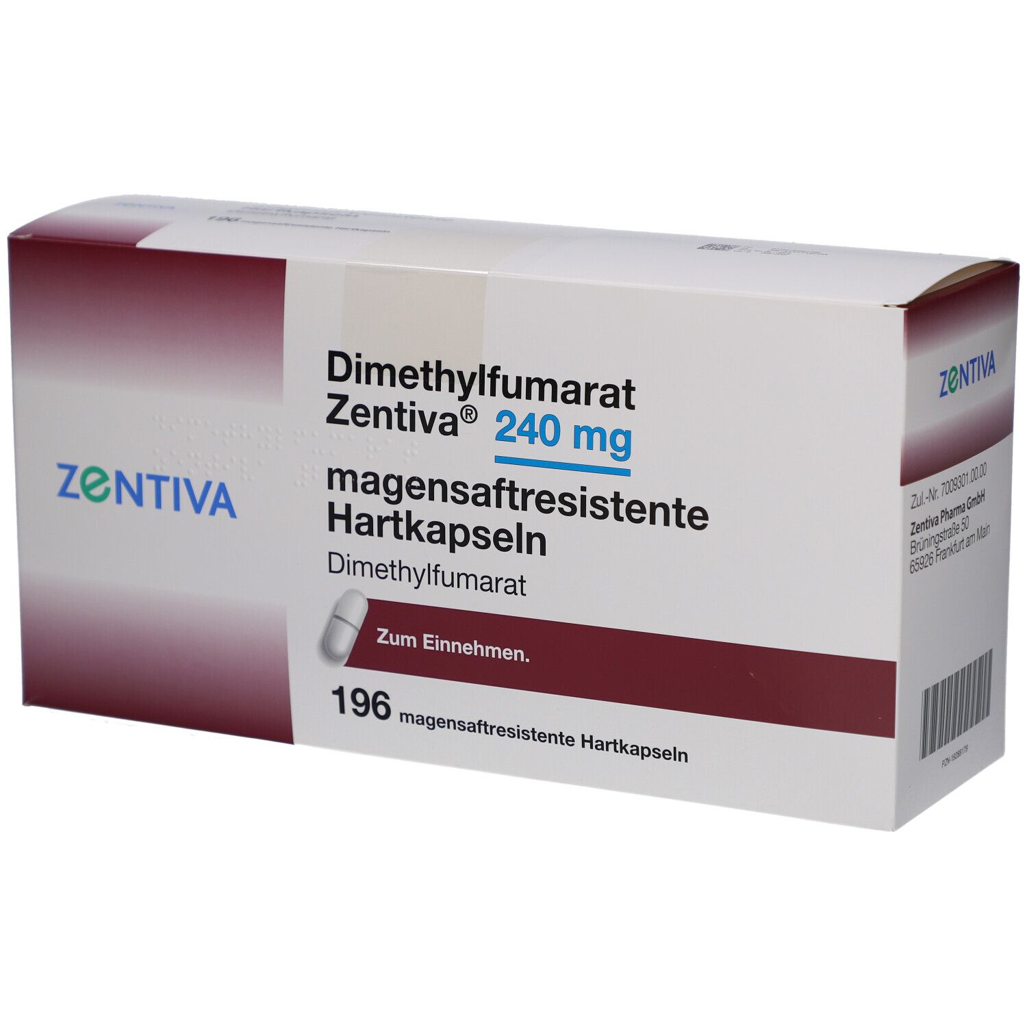 Schachtel mit Dimethylfumarat Zentiva 240 mg magensaftresistente Hartkapseln. Enthält 196 Kapseln. ZENTIVA Logo.