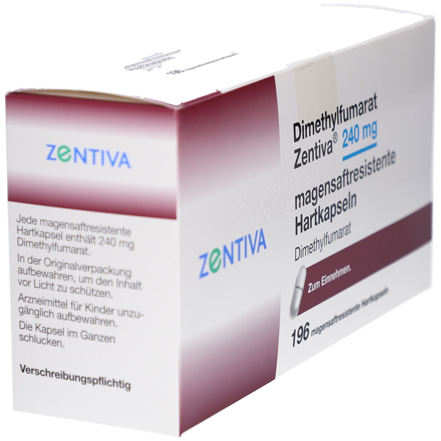 Schachtel mit Dimethylfumarat Zentiva 240 mg magensaftresistente Hartkapseln. Enthält 196 Kapseln. ZENTIVA Logo und Text.