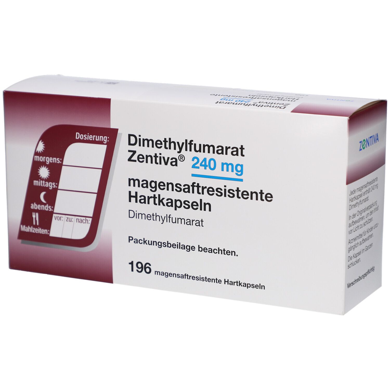 Schachtel mit Dimethylfumarat Zentiva 240 mg magensaftresistente Hartkapseln. Enthält 196 Kapseln. Dosierungshinweise.