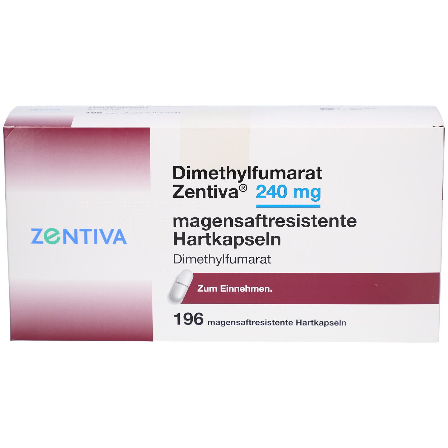 Schachtel mit Dimethylfumarat Zentiva 240 mg magensaftresistente Hartkapseln. Enthält 196 Kapseln. ZENTIVA Logo.