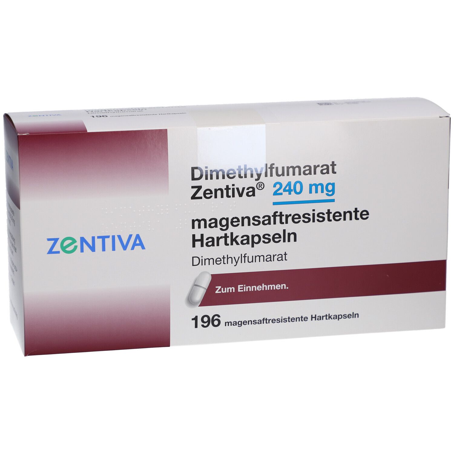 Schachtel mit Dimethylfumarat Zentiva 240 mg magensaftresistente Hartkapseln. Enthält 196 Kapseln. ZENTIVA Logo.