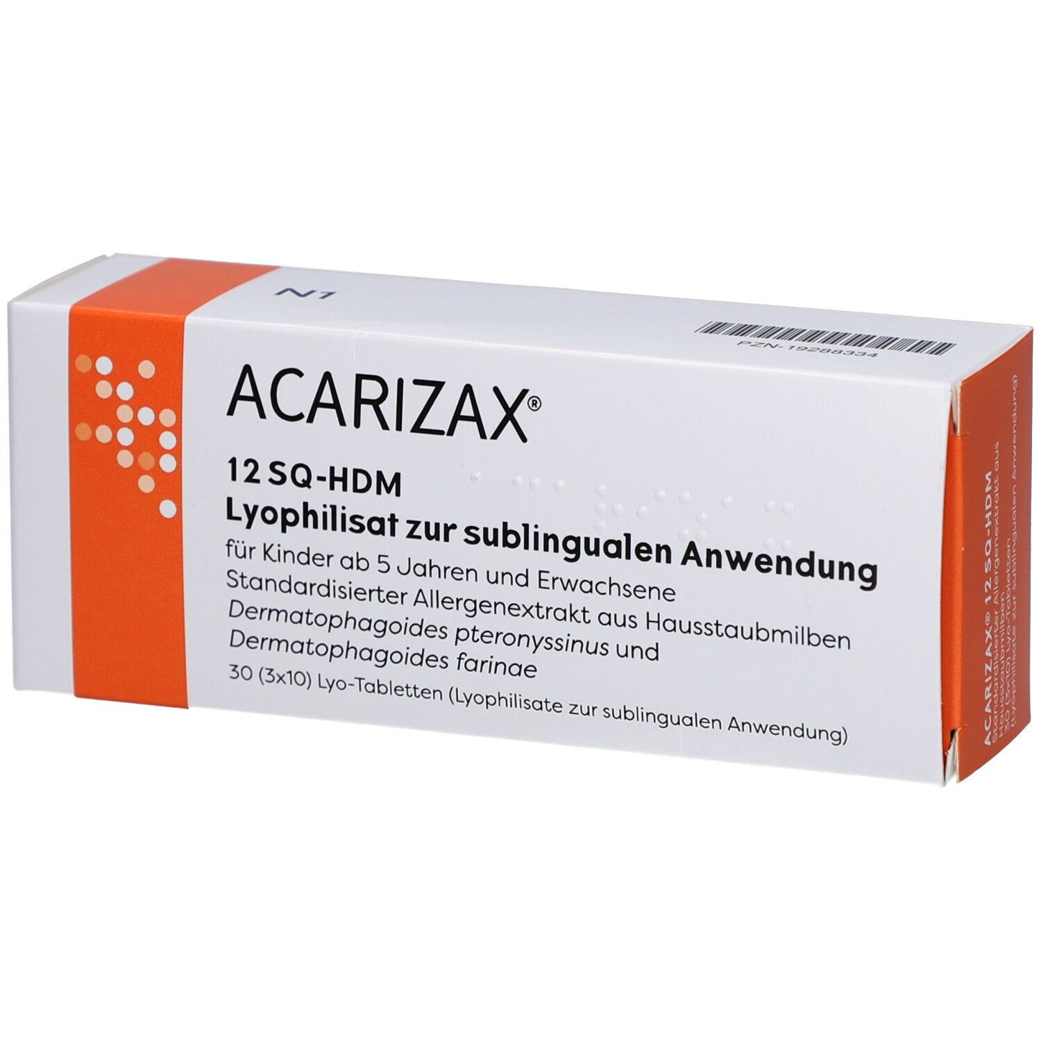 ACARIZAX-Verpackung. Weiß mit orangefarbenem Streifen. Text: 12 SQ-HDM, Lyophilisat zur sublingualen Anwendung. 30 Tabletten.