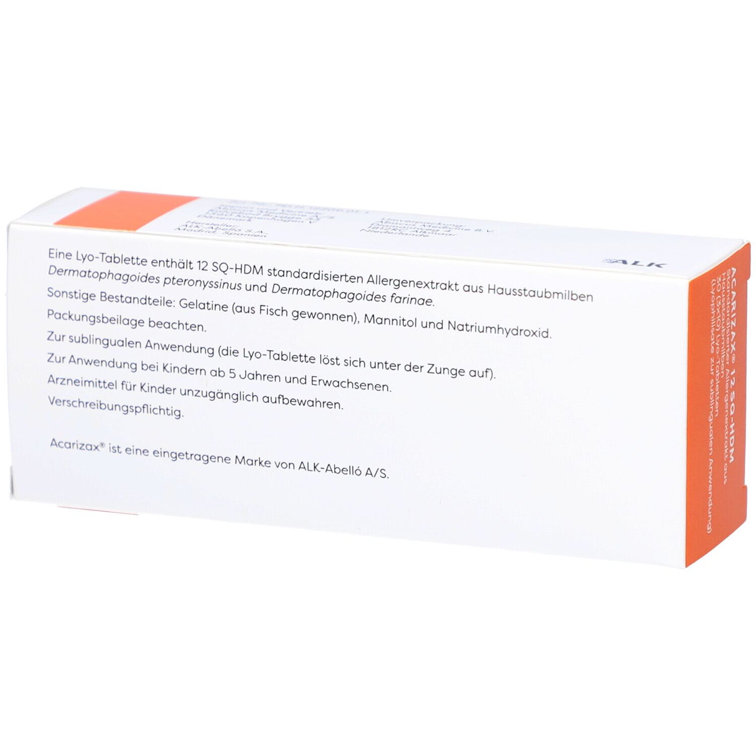 Rückseite der ACARIZAX-Verpackung. Text: Inhaltsstoffe, Anwendung, Warnhinweise. Marke ALK-Abelló A/S.