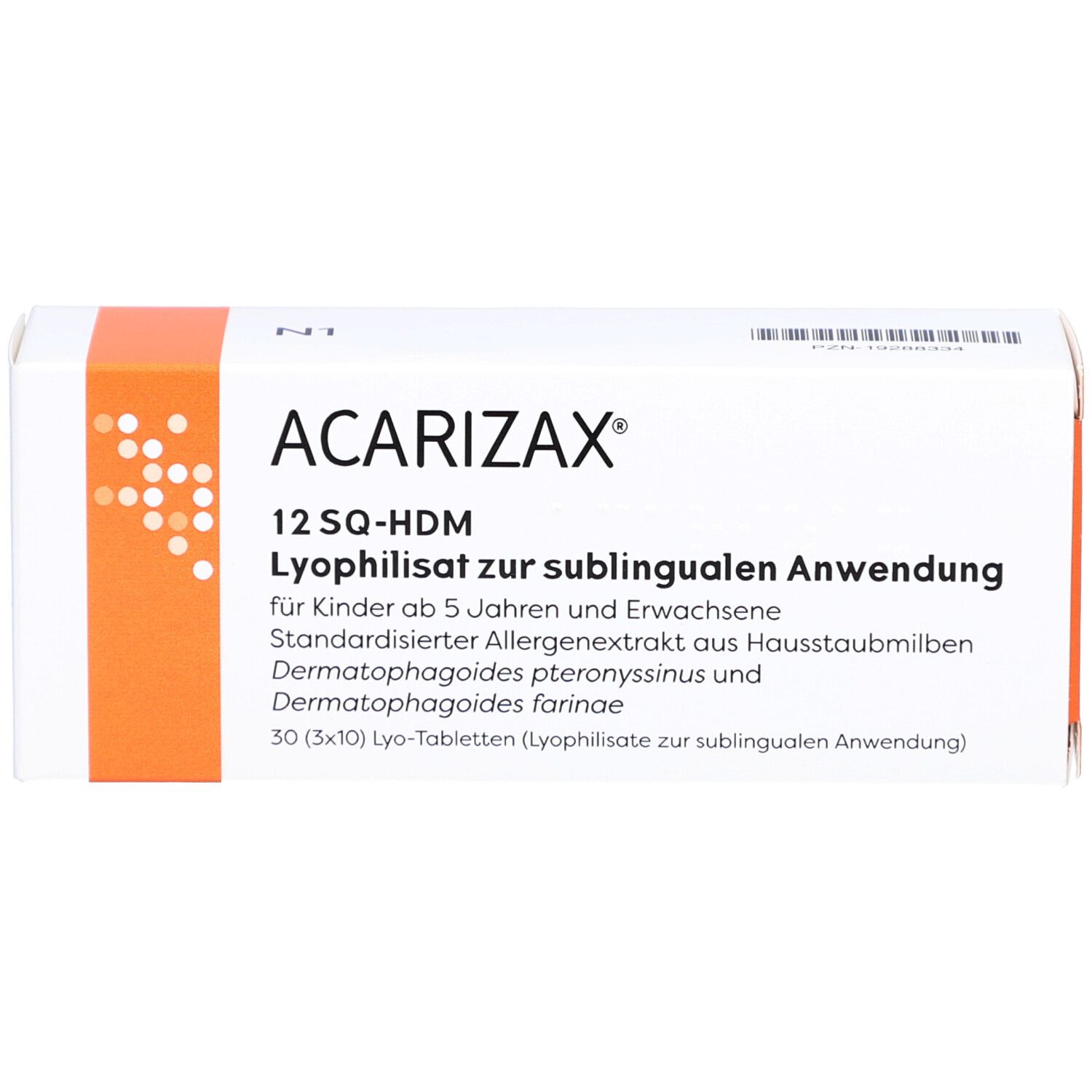 ACARIZAX-Verpackung. Weiß mit orangefarbenem Streifen. Text: ACARIZAX, 12 SQ-HDM, Lyophilisat zur sublingualen Anwendung. 30 Tabletten.