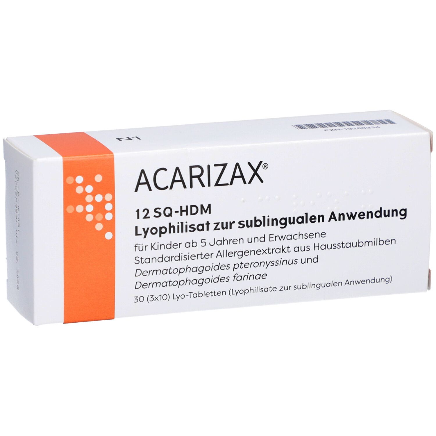 ACARIZAX-Verpackung. Weiß mit orangefarbenem Streifen. Text: ACARIZAX, 12 SQ-HDM, Lyophilisat zur sublingualen Anwendung. 30 Tabletten.