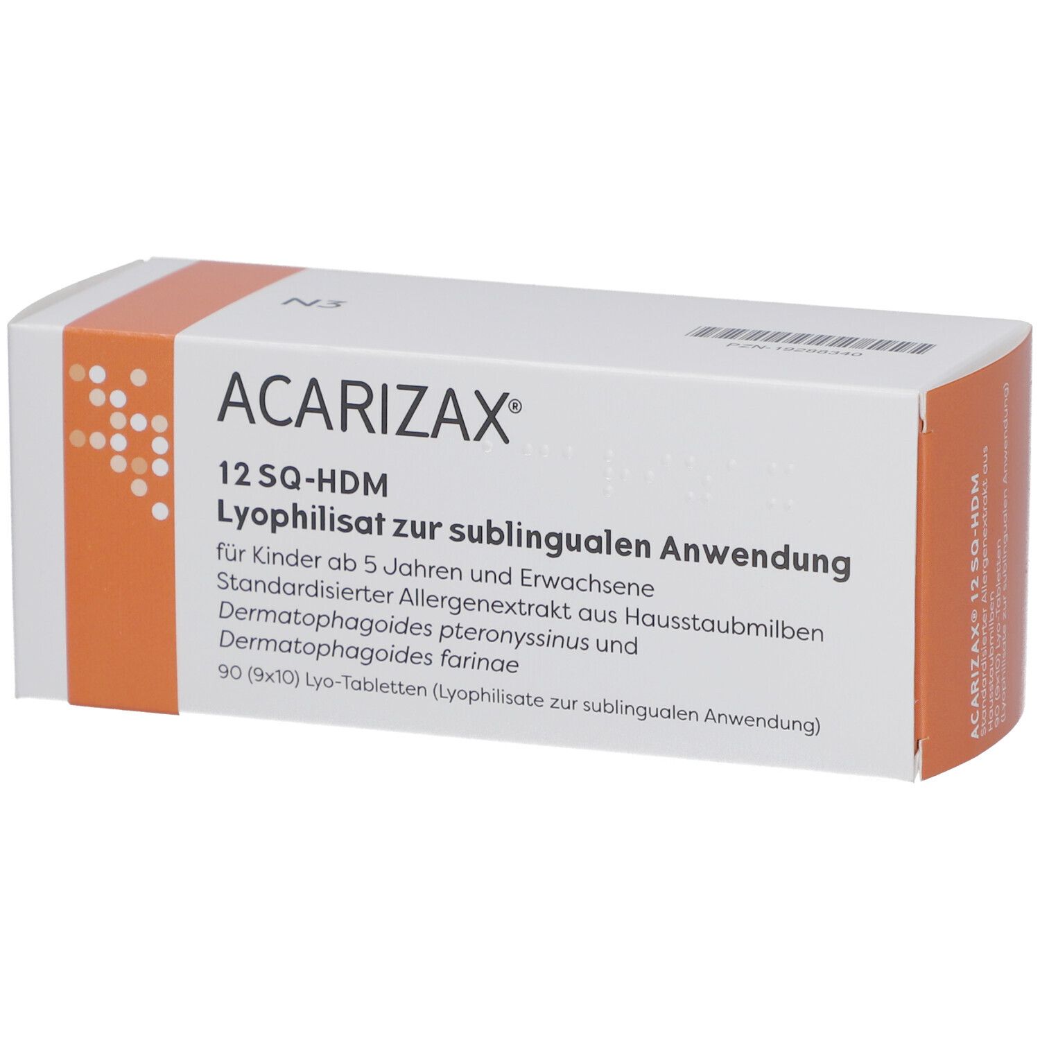 Weiße Schachtel mit orangefarbenem Akzent. Aufschrift: ACARIZAX, 12 SQ-HDM, Lyophilisat zur sublingualen Anwendung.