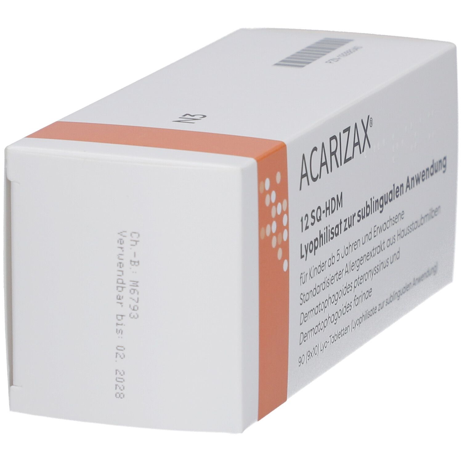 Weiße Schachtel, orangefarbener Akzent. Aufschrift: ACARIZAX, 12 SQ-HDM. Verwendbar bis 02. 2028.
