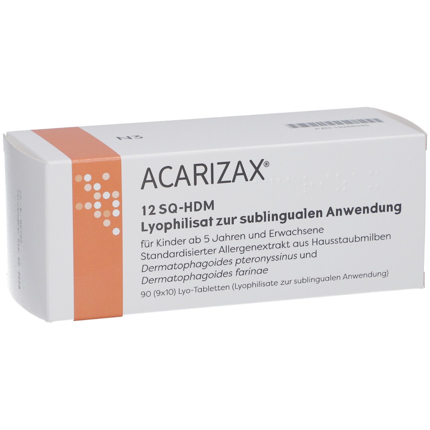 Weiße Schachtel mit orangefarbenem Akzent. Aufschrift: ACARIZAX, 12 SQ-HDM, Lyophilisat zur sublingualen Anwendung.