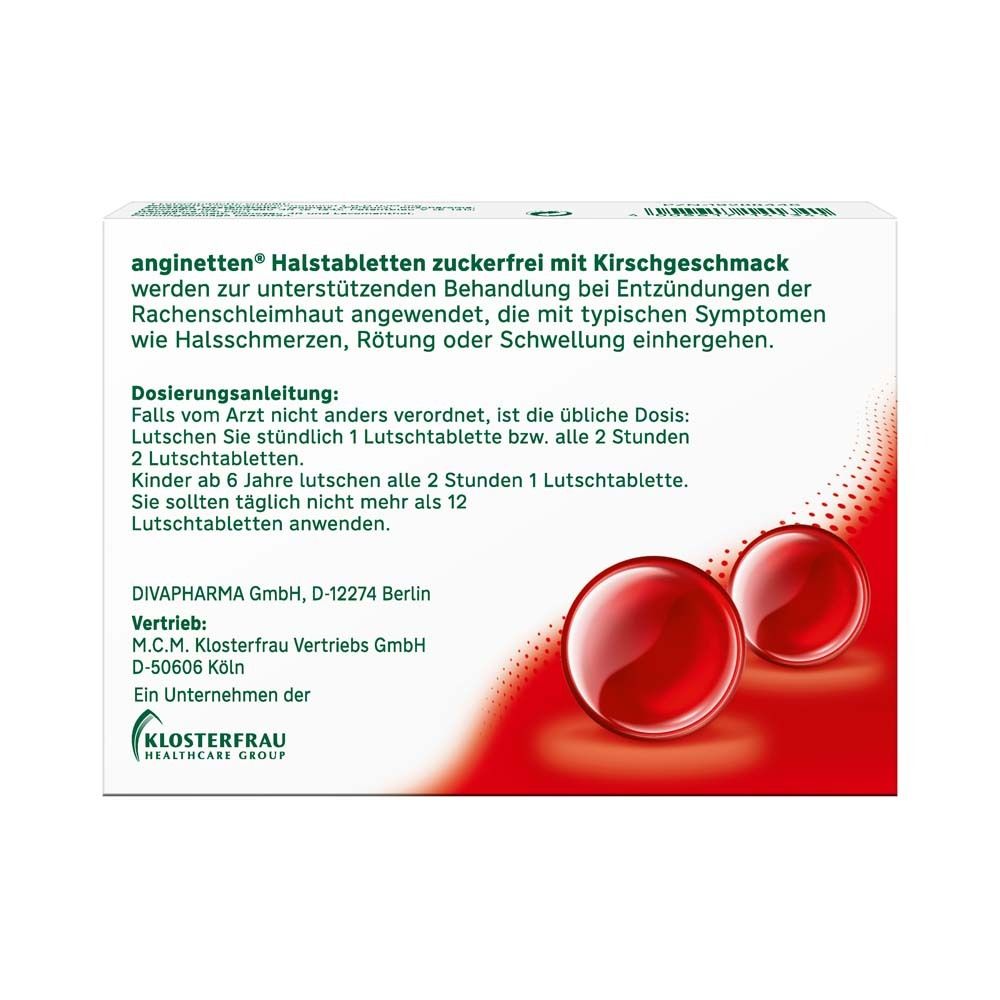 Rückseite der Schachtel. Text über Anwendung und Dosierung. Abbildung von roten Tabletten. Herstellerinformationen.