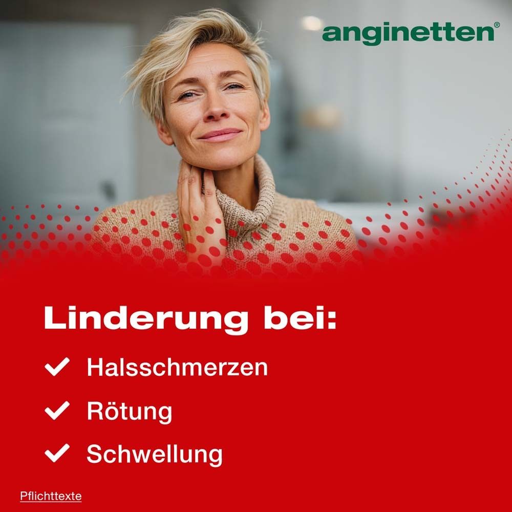 Werbebild mit Frau und anginetten®. Text: Linderung bei Halsschmerzen, Rötung, Schwellung. Roter Hintergrund.