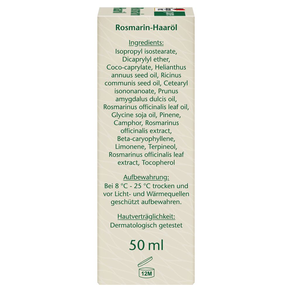 Seitenansicht der Doppelherz Rosmarin Haaröl Verpackung. Enthält Inhaltsstoffe, Anwendungshinweise und Volumen.