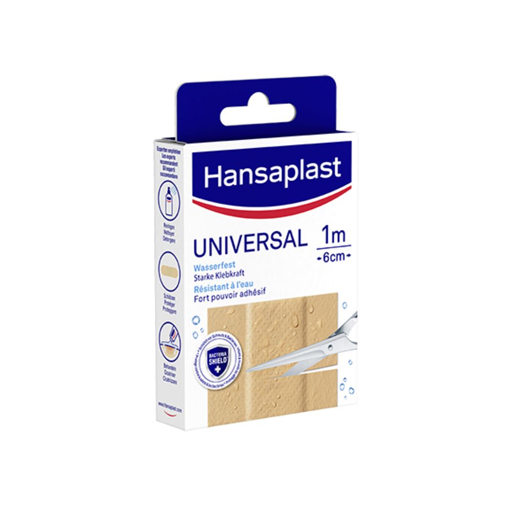 Hansaplast Universal Pflaster-Packung. Wasserfest, 1m x 6cm. Schützt vor Bakterien. Verpackung mit Aufhänger.